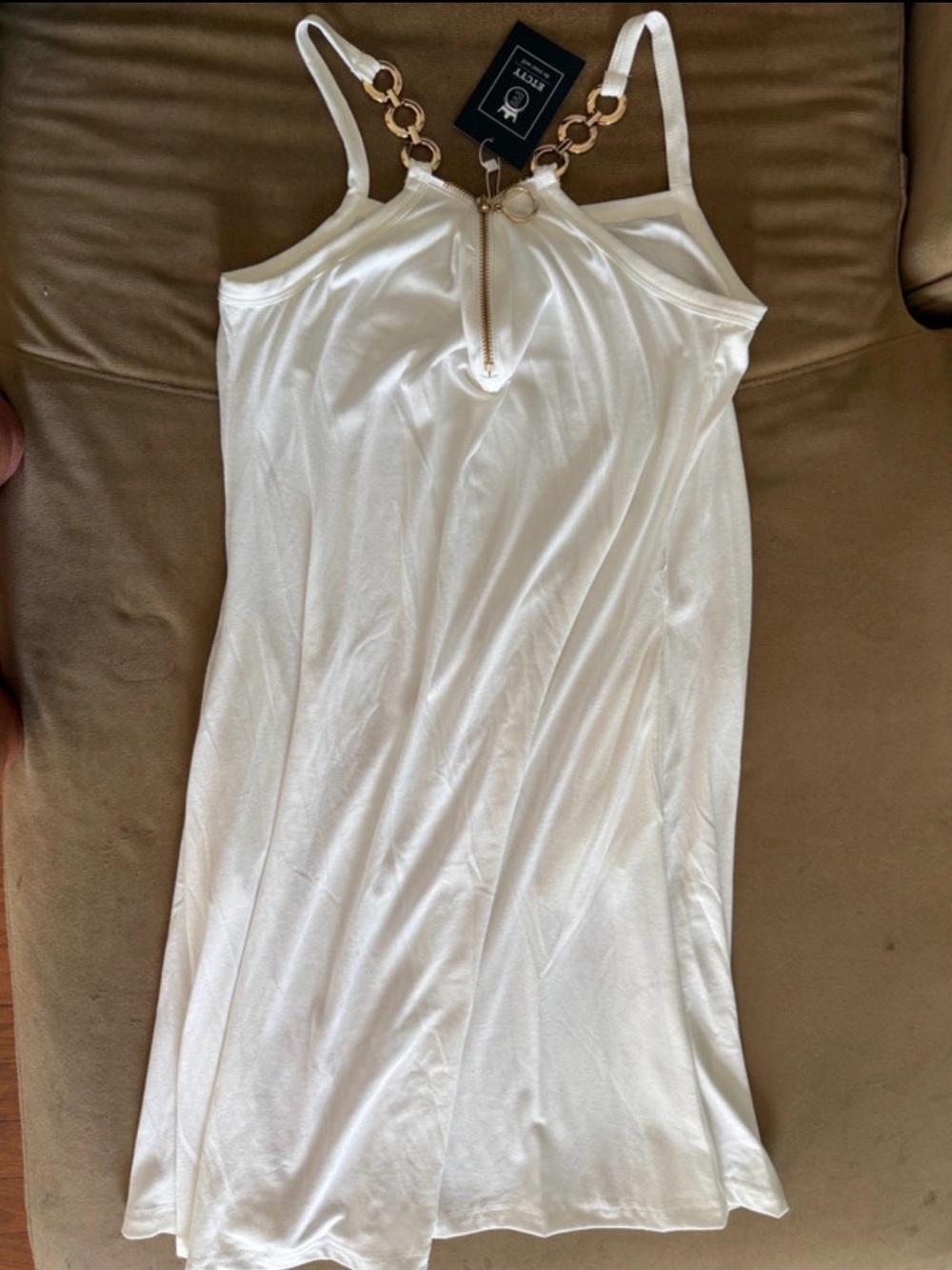 Sleeveless White Slip Dress with Gold Ring Accents